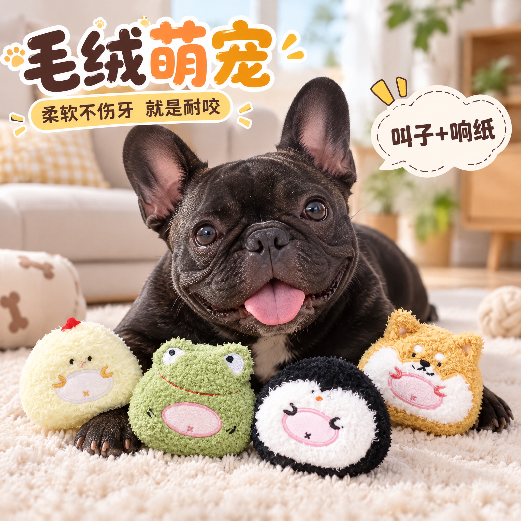 淘宝电商主图，1:1正方形构图。画面主体是一只可爱的黑色法斗犬… - 图片创意预览