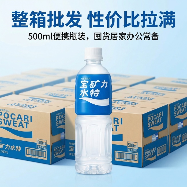 [主图 5]宝矿力电解质水整箱促销促成下单
[氛围/风格]性价比氛围，清爽划算，突出整箱囤货优势
[画面元素]保留原图单瓶宝矿力产品主体居中，背景搭配多瓶整齐排列的整箱效果虚化处理，整体清爽蓝色调，无预览效果