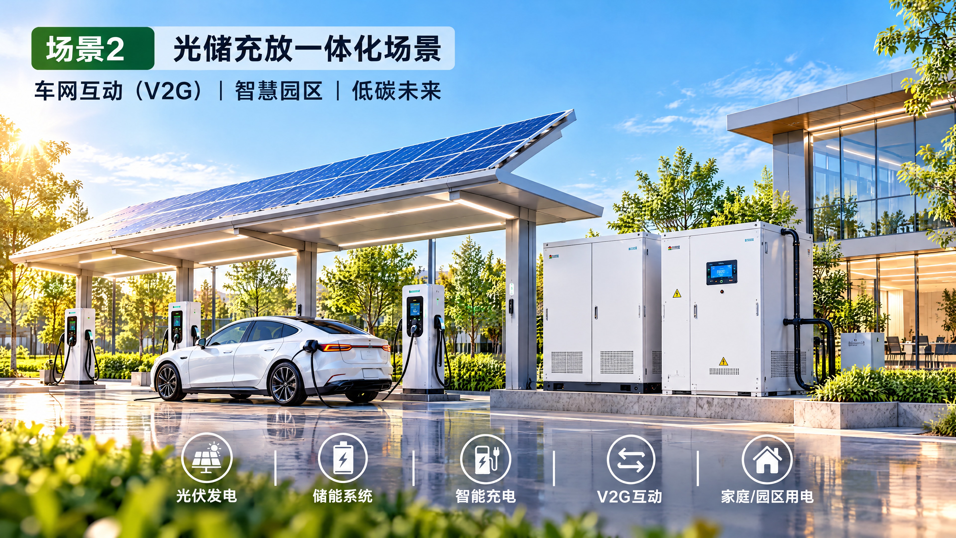 光储充放一体化场景，车网互动V2G智慧园区低碳未来，光伏顶棚充… - 图片创意预览