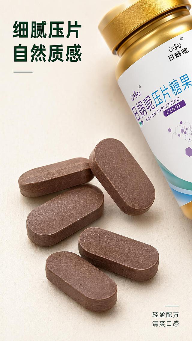 [主图-3] 日娲呢压片糖果压片细节特写
[氛围风格] 简约清新健康风
[画质] 商业摄影质感，光线柔和通透，产品清晰真实，画面干净高级
[元素] 特写放大展示压片糖果的细节质感，深棕色压片糖果整齐摆放，表面纹理清晰，在磨砂浅米白背景上。产品瓶身放置在画面角落露出logo部分，保持整体品牌一致性。保持产品外观、物理结构、材质质感、颜色与输入产品图绝对一致，杜绝任何变形和色差，精细化处理。
[光影] 柔和顶光，突出压片糖果表面细腻质感，阴影清淡通透，整体干净高级。
[配色] 主色调浅米+深棕，点缀产品金色，简约清新。
[视角构图] 俯视特写视角，压片糖果作为视觉中心，突出产品细节质感。
[文字版式] 左上角主文案「细腻压片 自然质感」，深绿色粗体大字号；右下角小字补充「轻盈配方 清爽口感」，字体小而清晰。
[输出要求] 9:16 比例，文字清晰可辨，超高清商业摄影质感，width=1080 height=1920
[负向提示词] 变形，文字错乱，产品图模糊，背景杂乱，水印，电商平台Logo