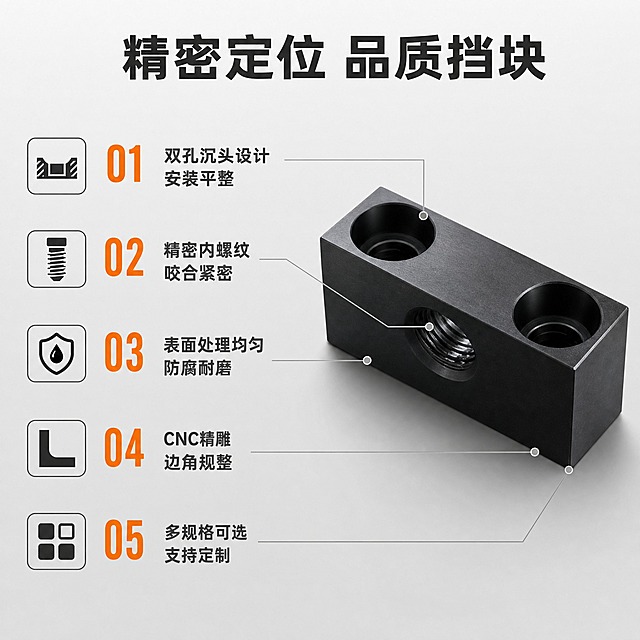 [主图-2] 产品亮点卖点图，展示双孔定位挡块的五大核心优势，用引线标注方式证明产品价值。
[统一基调] 工业专业五金风格，浅灰渐变背景，主标题深灰色粗黑体，强调色为工业橙，辅助文字深灰，整体简洁品质感，无多余装饰。
[画面] 画面右侧为发黑款双孔挡块主体放大特写，呈45度角摆放，占画面约50%。左侧为竖排编号卖点清单，共5条，每条配有小型图标。从产品不同位置引出细线连接到对应卖点：1.从顶面沉头孔引出标注「双孔沉头设计 安装平整」；2.从侧面螺纹孔引出标注「精密内螺纹 咬合紧密」；3.从金属表面引出标注「表面处理均匀 防腐耐磨」；4.从边角处引出标注「CNC精雕 边角规整」；5.从整体引出标注「多规格可选 支持定制」。背景为浅灰色渐变，干净简洁。
[光影质感] 商业产品摄影质感，主光左上方，金属质感真实，发黑表面哑光细腻，螺纹清晰，产品边缘锐利，精修无划痕。
[配色] 背景浅灰渐变，主体哑黑，编号数字工业橙，卖点文字深灰，引线浅灰色。
[文字版式] 顶部主标题：精密定位 品质挡块。左侧5条卖点，每条编号为橙色大号数字，卖点文字为深灰色中等字号，双行排列。字体统一为无衬线粗黑体。文字不遮挡产品主体。
[输出要求] 1:1正方形，产品清晰，文字清晰可读，无变形，无错字，无水印，无平台logo。