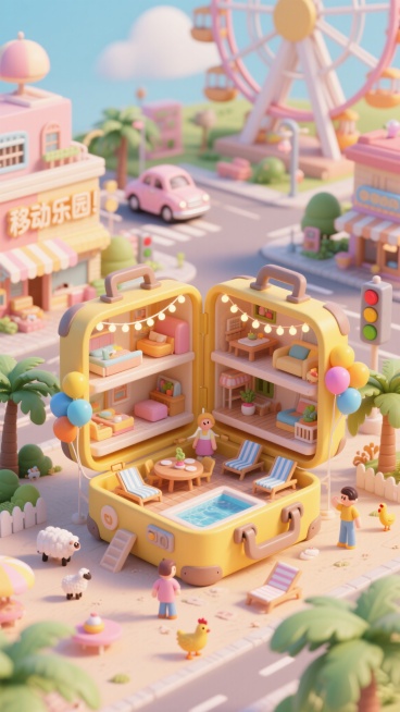 微缩场景风格的童趣度假小镇，核心是打开的黄色行李箱，内部构建多层立体建筑，包含起居区、餐桌、泳池、休闲躺椅等空间，外部装饰彩色气球、灯串与小商铺，周围环绕卡通棕榈树，地面散布小羊、小鸡等萌趣动物，背景预览效果