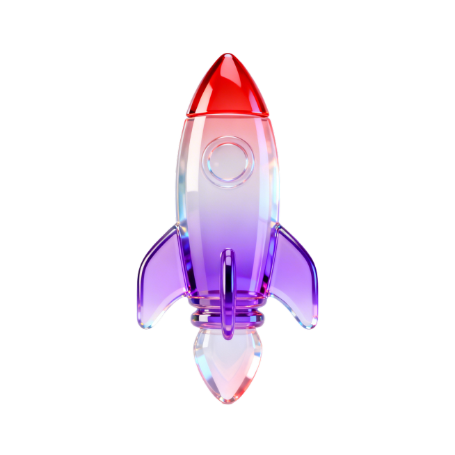 半透明火箭图标设计，UI，icon，高级感，简约，创意，彩色，高级，半透明，画面干净，浅色干净的背景，高保真，C4D，4K，带有柔和的红到紫的渐变和微妙的高光，玻璃材质的通透感，干净白色背景预览效果