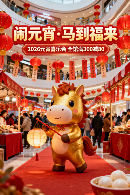 市中心大型商场元宵节活动宣传海报，马年主题，画面中心是憨态可掬的金色骏马吉祥物，手持元宵灯，背景是商场热闹的元宵节市集，挂满红色灯笼和灯谜条，顶部显眼位置写着"闹元宵·马到福来"，下方标注"2026元预览效果