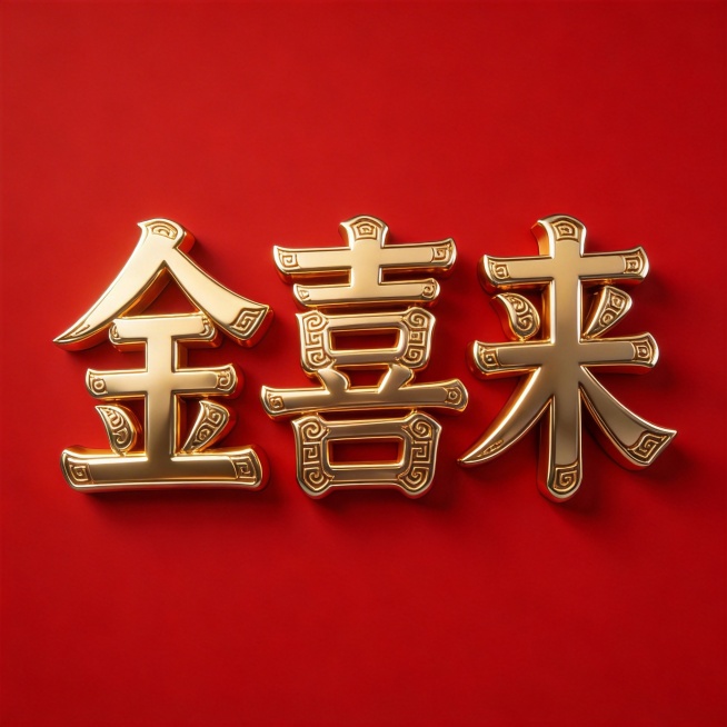 干净的纯红色背景。3D艺术字体设计，三个字"金喜来"，所有文字单行横向排列，字形饱满厚重，笔画带有精致回纹装饰，采用浮雕烫金材质，表面光滑崭新，带有金属高光反射，所有装饰效果收敛在文字范围内，文字结构预览效果