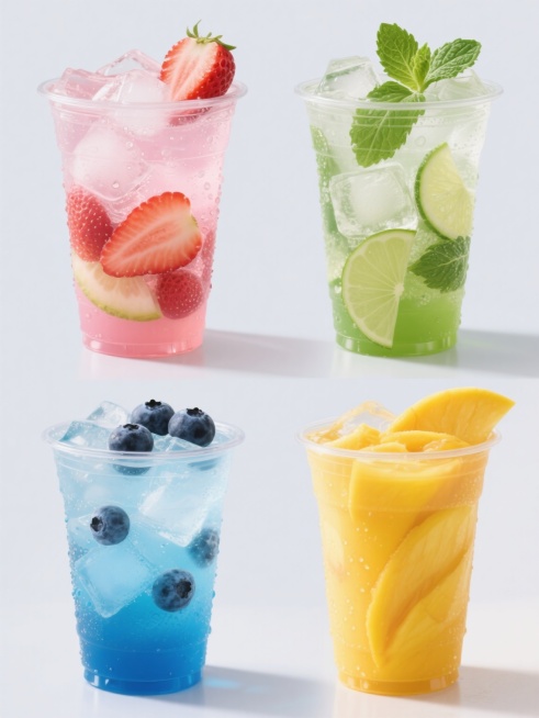 4个不同颜色的冰镇饮料系列素材集合，每个饮料都装在透明塑料杯中，杯壁有水珠，内部有大量冰块和切片水果装饰，整体为高清晰度写实风格，纯色背景，规整的网格排布，保持相同的光影效果和构图角度，第一个为粉色草莓冰饮配草莓片，第二个为绿色薄荷冰饮配薄荷叶，第三个为蓝色蓝莓冰饮配蓝莓，第四个为黄色芒果冰饮配芒果片预览效果