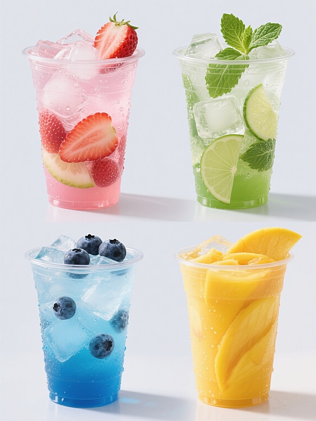 4个不同颜色的冰镇饮料系列素材集合，每个饮料都装在透明塑料杯中，杯壁有水珠，内部有大量冰块和切片水果装饰，整体为高清晰度写实风格，纯色背景，规整的网格排布，保持相同的光影效果和构图角度，第一个为粉色草莓冰饮配草莓片，第二个为绿色薄荷冰饮配薄荷叶，第三个为蓝色蓝莓冰饮配蓝莓，第四个为黄色芒果冰饮配芒果片