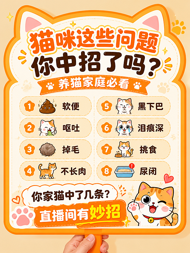 一张直播间手举牌设计海报，竖版3:4比例，萌系可爱风格。画面主体是一个醒目的手持展示牌，牌面以暖橙色和奶白色为主色调，搭配可爱的猫咪爪印、猫耳朵等装饰元素。牌面顶部大字号主标题："猫咪这些问题你中招了吗？"，副标题："养猫家庭必看"。中间区域整齐罗列8项猫咪痛点关键词，每项配一个小图标，分两列排列：软便、呕吐、掉毛、黑下巴、泪痕深、挑食、不长肉、尿闭。底部有互动文案："你家猫中了几条？"和"直播间有妙招"。整体风格活泼醒目，色彩明亮温暖，适合主播在直播间手持展示，文字清晰易读，排版精美，四周留有安全边距。画面中所有信息区域必须填充完整合理的内容，不得出现空白框或待填写区域。