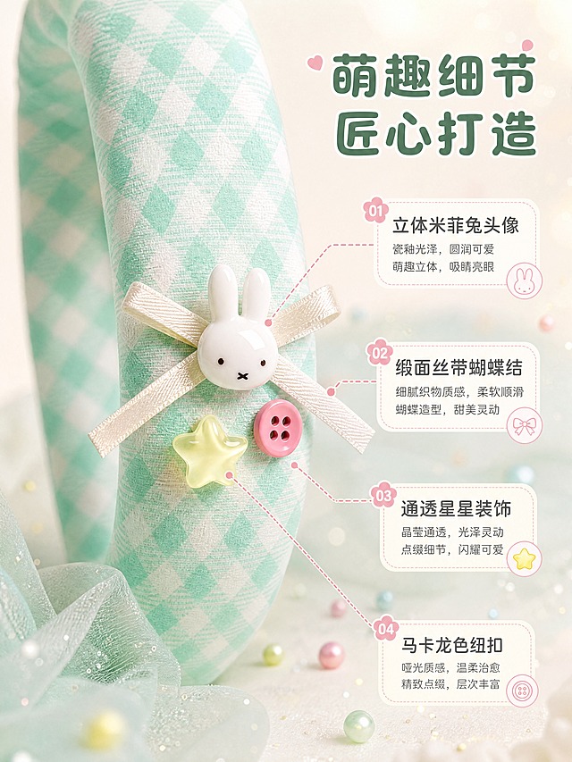 [商品] 使用【图2】米菲Miffy薄荷绿菱格纹发箍侧面装饰特写；保留米菲兔立体头像、米白色丝带蝴蝶结、黄色星星、粉色纽扣的所有细节、颜色、材质、位置；增强米菲兔瓷釉光泽、丝带织物质感、星星通透感、纽扣哑光质感；保留菱格纹面料纹理。
[画面] 细节质感，微距质感型。发箍装饰区域占据画面主体70%，侧面45度微距特写；米菲兔头像为视觉焦点，蝴蝶结丝带自然舒展，星星和纽扣错落有致；背景为柔焦奶白色，散落几颗迷你马卡龙色小珠子和细闪粉；前景有轻微虚化的薄荷绿纱幔，增加层次感；≥3层视觉层次。
[视觉] 套系策略：风格=软萌复古童趣治愈风商业摄影；标题字=圆润粗圆体；正文字=圆角无衬线体；主色=薄荷绿+奶白色；背景延展=基于薄荷绿与奶白做深浅渐变、柔焦光斑、波点/云朵软图形；强调色=樱花粉，仅用于小面积图标、引线、标签和装饰；标题色=深薄荷绿；正文色=暖灰色；组件=圆角奶白信息卡、虚线引线、圆点装饰；光影=左前侧暖柔光，柔和漫反射，突出材质质感。
[文字] 右侧竖排区域（文字全部横排），主标题"萌趣细节 匠心打造"，下方4个卖点配虚线引线指向对应部位：立体米菲兔头像、缎面丝带蝴蝶结、通透星星装饰、马卡龙色纽扣。文字清晰，不遮挡主体装饰。
[规格] 图片比例3:4竖版，4K，避免变形、错字、文字过小、冷蓝背景、颜色改变、细节失真、极限词。