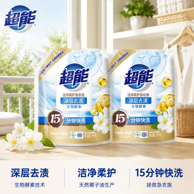 「图片1」，生成一套主图（5张），商品名称是超能超能洁净柔护洗衣液2袋装，卖点是深层去渍，洁净柔护，以下文案任多条（“深层去渍 洁净柔护”，“15分钟"臻"快洗 拯救"急衣族"”，“超强洁净力+低泡易预览效果