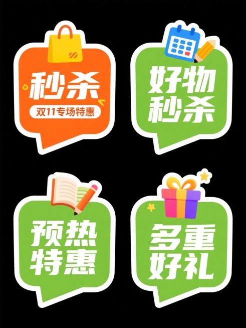 六个促销标签以两行三列规整排布，每个标签为单一纯色背景（橙色、绿色为主），标签形状为不规则几何图形或对话框样式，带有白色描边和轻微立体阴影。标签上方配有相关卡通图标：“好物秒杀”标签配黄色购物袋图标，“双11专场特惠”标签配蓝色日历和铅笔图标，“预热特惠”标签配书本和铅笔图标，“多重好礼”标签配彩色礼盒和星星图标。文字采用无衬线粗体，白色字体，部分关键词如“秒杀”“特惠”字号加大，整体风格活泼……预览效果