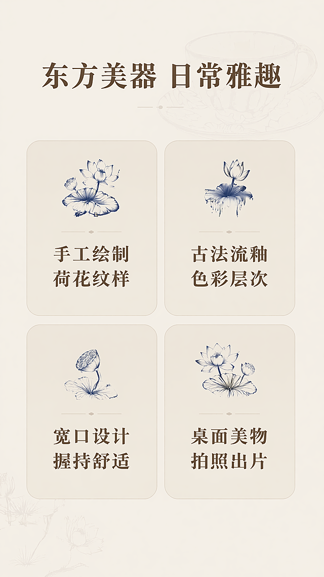 「图片1」，生成详情页，商品名称为古底蓝莲流釉杯碟套装 新中式手绘荷花氛围感桌面拍照咖啡套杯，适配淘宝/天猫平台，单图比例为9:16，需求屏数为7张。杯口直径13，杯高6.5，杯碟直径15.5