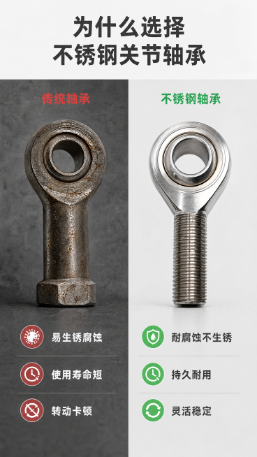 [第2屏] 痛点对比屏，传统普通轴承对比不锈钢关节轴承。
[氛围/风格] 清晰对比版式，专业工业风，左右分栏对比，明暗对比清晰，商业摄影质感。
[元素布局] 画面左右分栏，左栏展示普通易生锈轴承问题，预览效果