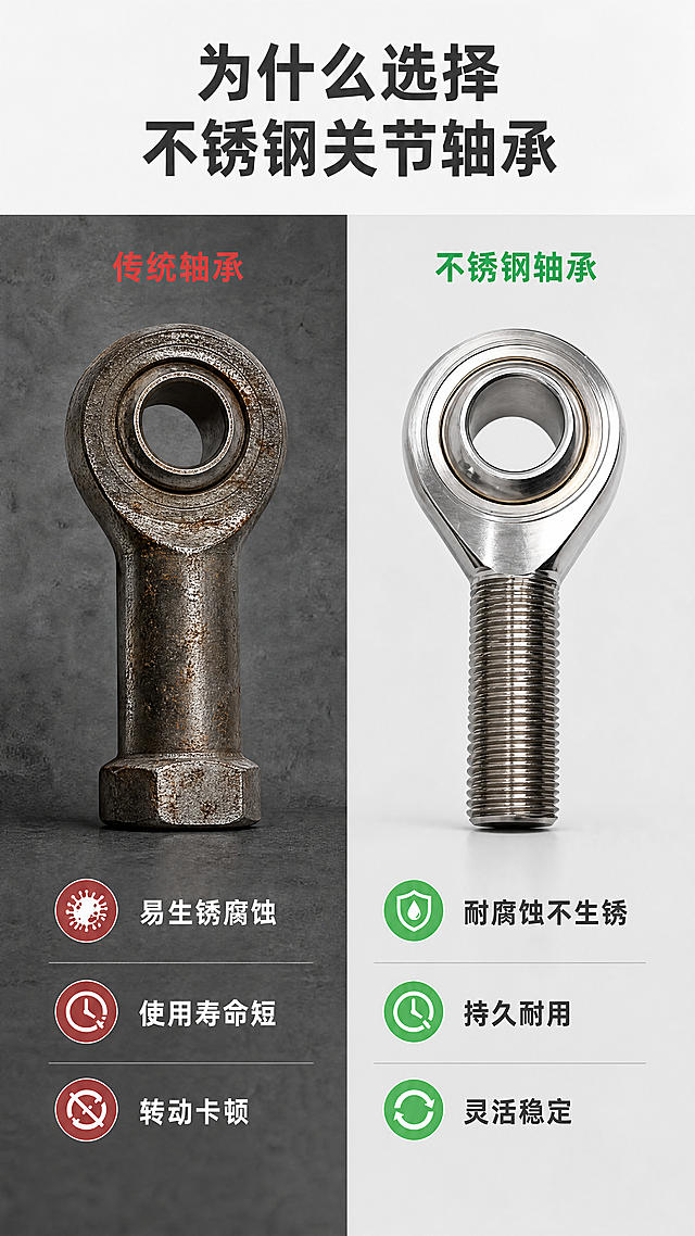[第2屏] 痛点对比屏，传统普通轴承对比不锈钢关节轴承。
[氛围/风格] 清晰对比版式，专业工业风，左右分栏对比，明暗对比清晰，商业摄影质感。
[元素布局] 画面左右分栏，左栏展示普通易生锈轴承问题，右栏展示我们的不锈钢关节轴承，保持产品结构、材质质感、颜色与输入产品图一致。上方为大标题区域，下方分栏对比。左栏背景为偏深脏灰色，标注"普通轴承"，展示生锈磨损的轴承特写；右栏背景为干净浅灰色，标注"不锈钢关节轴承"，展示光亮完整的产品。保持两款产品比例轮廓一致。
[光影质感] 整体均匀布光，左右光影一致，右栏不锈钢产品重点打光突出金属质感，左栏问题区域光线稍暗突出问题痛点，对比分明。
[配色色系] 全局底色：#F5F5F5（浅灰）；主体配色：#C8CBCD（不锈钢银）+ #333333（深灰文字）；对比色：#8B4545（问题红标）+ #50C878（优势绿标）。
[视角构图] 左右分栏对称构图，竖向9:16，标题在顶部，对比内容在中部，动线清晰。
[文字版式] 顶部主标题「为什么选择不锈钢关节轴承」深灰色粗字居中，字号占画面宽度8%；左右分栏各有栏目标题：左侧「传统轴承」红色小字，右侧「不锈钢轴承」绿色小字；左栏痛点文字：「易生锈腐蚀」「使用寿命短」「转动卡顿」，右栏优势文字：「耐腐蚀不生锈」「持久耐用」「灵活稳定」，每个卖点配对应小图标，文字大小适合移动端阅读，清晰不遮挡主体。
[比例分辨率] 9:16竖版比例，4K分辨率，所有文字清晰可辨，超高清。
[负向提示词] 产品变形，结构错误，缺件错件，颜色偏差，水印，文字错乱，产品图模糊，背景杂乱，恶意丑化。