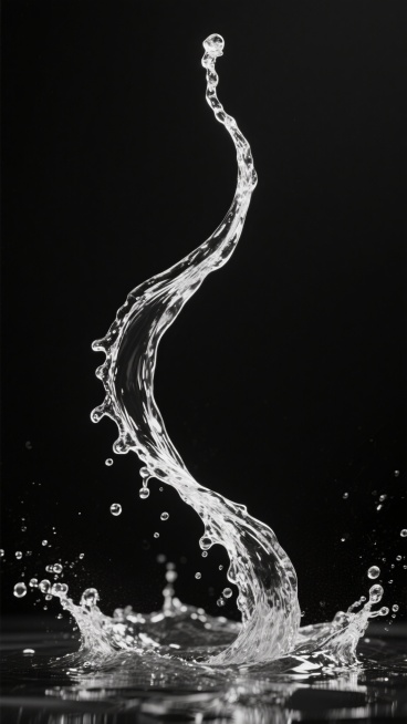 纯黑色纯色背景，中央有一股向上喷涌的水流，水流造型变换为优雅的曲线形态，底部水花四溅，水珠晶莹剔透，整体呈现黑白摄影风格，高对比度，光影效果突出，水流边缘锐利清晰，水珠细节丰富，营造出宁静而富有动感的氛围。预览效果