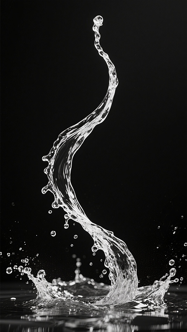 纯黑色纯色背景，中央有一股向上喷涌的水流，水流造型变换为优雅的曲线形态，底部水花四溅，水珠晶莹剔透，整体呈现黑白摄影风格，高对比度，光影效果突出，水流边缘锐利清晰，水珠细节丰富，营造出宁静而富有动感的氛围。