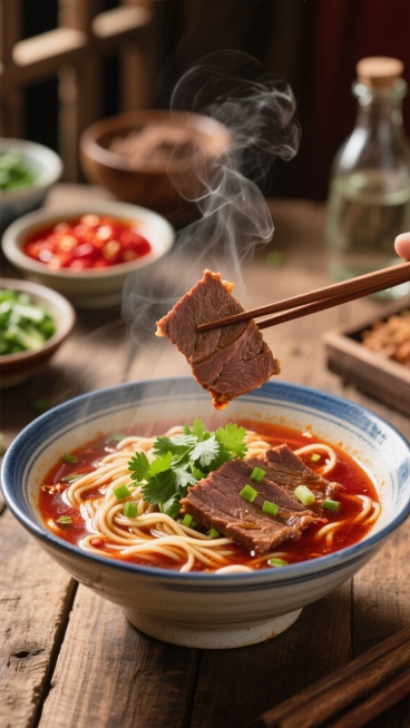 一张热气腾腾的牛肉拉面作为画面中心，红褐色的浓郁汤汁上漂浮着翠绿的香菜和葱花，几片厚实的酱牛肉沉在碗底，一双筷子正夹起一块冒着热气的牛肉悬在碗上方。碗是蓝白相间的粗陶碗，放在质朴的木质桌面上。背景中，模糊可见几个小碗，分别装着红色的辣椒油、绿色的蔬菜等配料，还有一个玻璃瓶隐约在后方，整体光线从斜上方打下来，形成明显的光影对比，营造出温暖诱人的美食氛围，色调以红棕色为主，充满食欲感，背景元素丰富……预览效果
