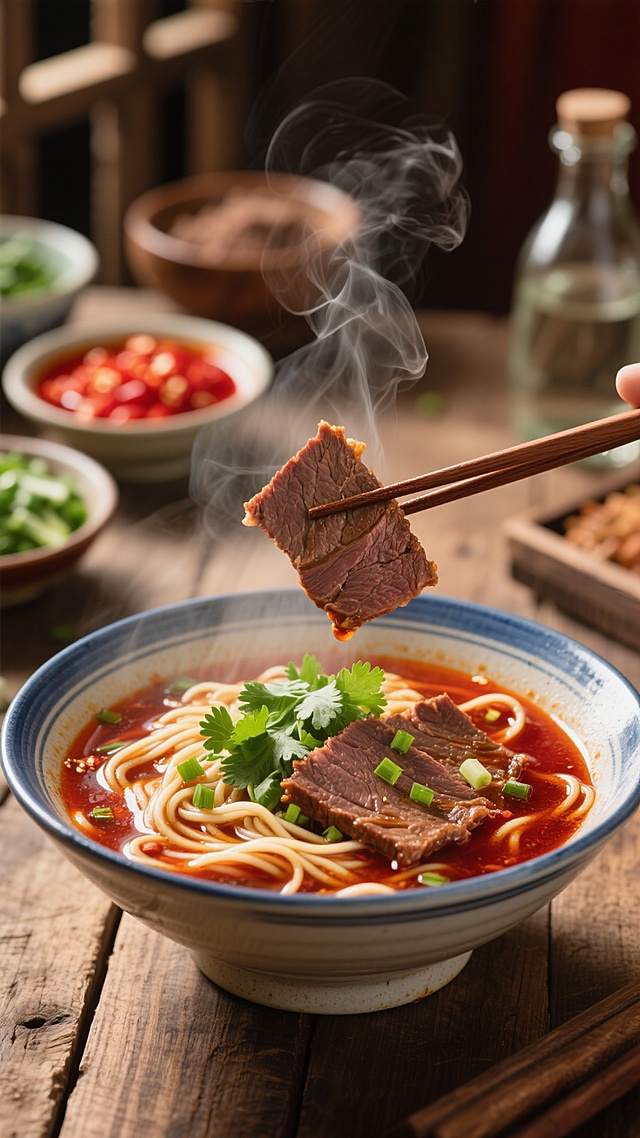 一张热气腾腾的牛肉拉面作为画面中心，红褐色的浓郁汤汁上漂浮着翠绿的香菜和葱花，几片厚实的酱牛肉沉在碗底，一双筷子正夹起一块冒着热气的牛肉悬在碗上方。碗是蓝白相间的粗陶碗，放在质朴的木质桌面上。背景中，模糊可见几个小碗，分别装着红色的辣椒油、绿色的蔬菜等配料，还有一个玻璃瓶隐约在后方，整体光线从斜上方打下来，形成明显的光影对比，营造出温暖诱人的美食氛围，色调以红棕色为主，充满食欲感，背景元素丰富但不抢主体，呈现出层次感和空间感。