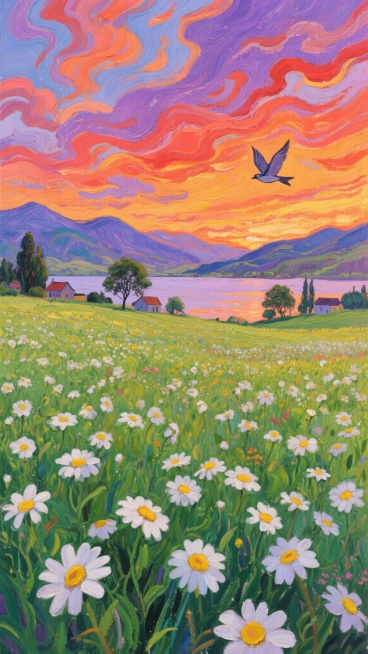 梵高风格的花海，画面中是一片广阔的雏菊花田，白色的花瓣和黄色的花心在绿色的草地上肆意绽放，花海占据了画面的大部分空间，显得生机勃勃。远处是连绵的山脉和宁静的湖泊，湖边长着几棵树木，还有一些房屋点缀其间。天空被绚烂的晚霞染成了橙红色和紫色，云彩呈现出流动的形态，一只飞鸟在空中翱翔，整个画面色彩浓烈而明快，充满了浪漫的气息，笔触厚重而富有动感，展现出梵高独特的艺术风格。预览效果