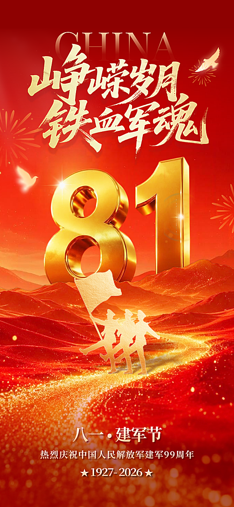 八一建军节节日祝福红色大气全屏海报