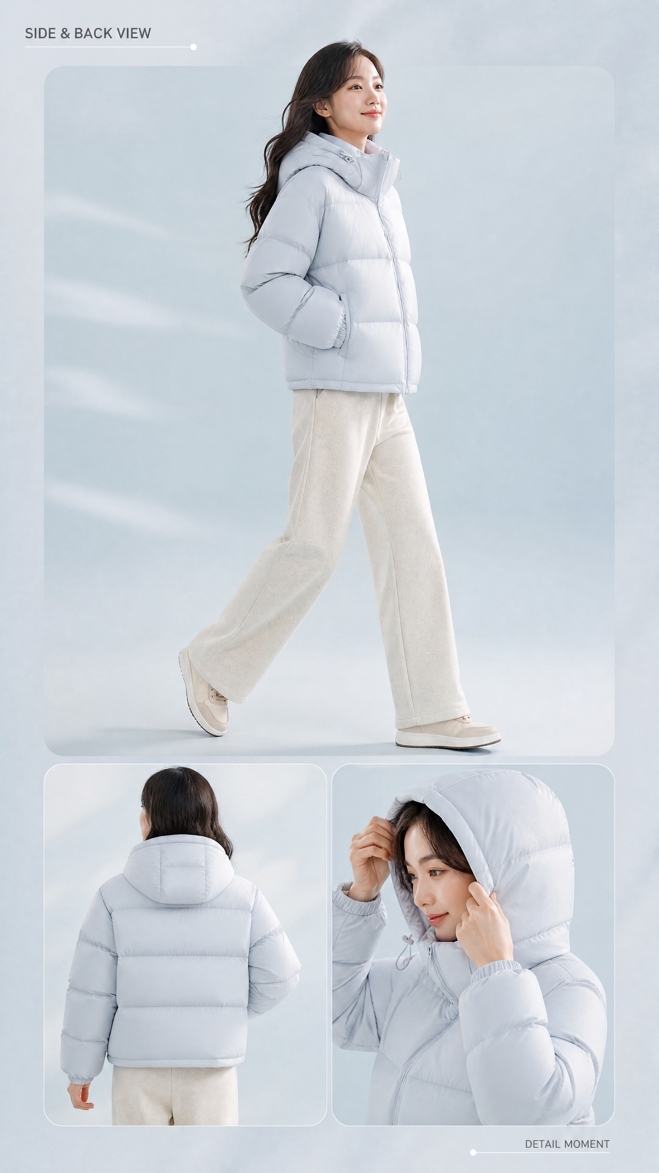 [商品] 使用【图1】奶雾蓝短款连帽泡芙羽绒服；商品处理：保留… - 图片创意预览