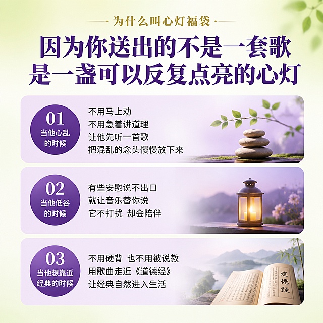 电商主图第三张，三大使用场景主题。背景为浅绿到米白的渐变，清新自然。画面顶部标题"为什么叫心灯福袋"，金色小字。主标题"因为你送出的不是一套歌 是一盏可以反复点亮的心灯"，深紫色粗体大字。画面分为三个横向卡片区域，从上到下依次排列：01号卡片紫色圆形标"当他心乱的时候"，内容"不用马上劝 不用急着讲道理 让他先听一首歌 把混乱的念头慢慢放下来"；02号卡片"当他低谷的时候"，内容"有些安慰说不出口 就让音乐替你说 它不打扰 却会陪伴"；03号卡片"当他想靠近经典的时候"，内容"不用硬背 也不用被说教 用歌曲走近《道德经》 让经典自然进入生活"。每个卡片有浅紫色圆角背景，文字左对齐。整体排版清晰有序，1:1正方形构图。