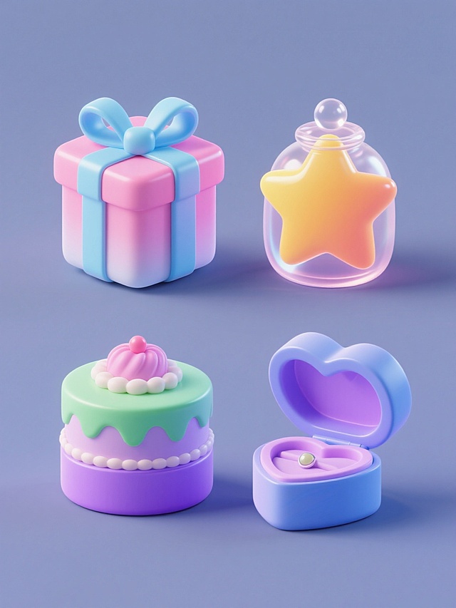 一组四个同风格规整排布的系列素材集合，每个元素均采用3D立体渐变质感设计，拥有光滑圆润的边角、柔和的高光反射和半透明渐变效果，整体呈现出精致可爱的氛围；第一个元素为粉蓝渐变蝴蝶结装饰的粉色礼物盒，第二个元素为黄橙渐变的星星形状糖果罐，第三个元素为绿紫渐变的圆形蛋糕礼盒，第四个元素为蓝紫渐变的爱心造型首饰盒，所有元素均置于纯色背景上，画面整体色彩明快柔和，光影过渡自然，构图对称均衡，视觉层次清晰。