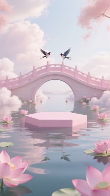 这是一个数码渲染的场景，在水面上有一座程式化的浅粉色中国式拱桥。一个六角形的平台，也是浅粉色和柔和的，坐落在水中，作为一个舞台或展示区域。粉红色的荷花和云彩散落在整个场景中，营造出一种柔和浪漫的氛围。预览效果
