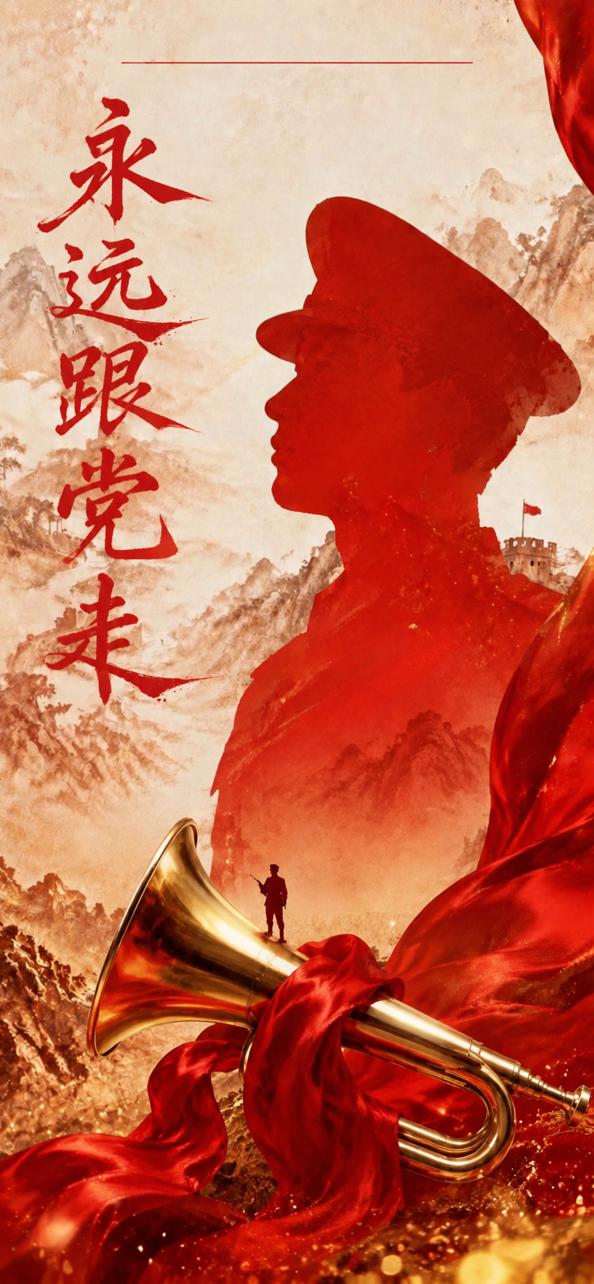 基于参考图进行修改，保留原图的版式骨架、红色主色调、军人剪影、… - 图片创意预览