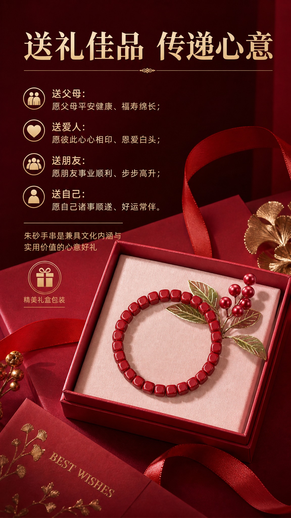淘宝天猫电商详情页，9:16竖版，朱砂手串送礼场景图，参考图8… - 图片创意预览