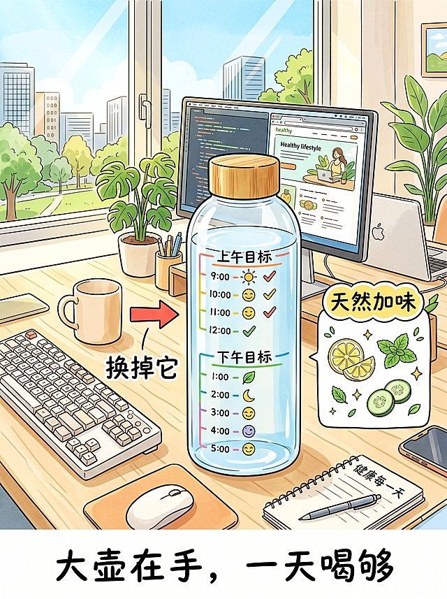 明亮现代的办公桌面场景，一个透明大水瓶（约1.5升）摆在键盘旁边，水瓶上画着刻度线，分为"上午目标"和"下午目标"，瓶中水清澈可见。旁边有一个小水杯被箭头指向大水壶，标注"换掉它"。背景有电脑、绿植、窗外的阳光。旁边有一个小图标展示柠檬片、薄荷叶、黄瓜片放在水瓶旁，标注"天然加味"。整体色调清新浅蓝、米白，手绘插画风格，清晰活泼。画面下方写一行小字"大壶在手，一天喝够"
