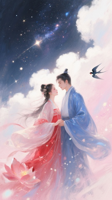 中国古代传统风格，古风情侣身着飘逸古装，深情对视，男子身穿蓝衣，女子身穿红衣。背景是银河，云朵，喜鹊在空中飞翔，画面整体呈现浪漫的粉色调。预览效果
