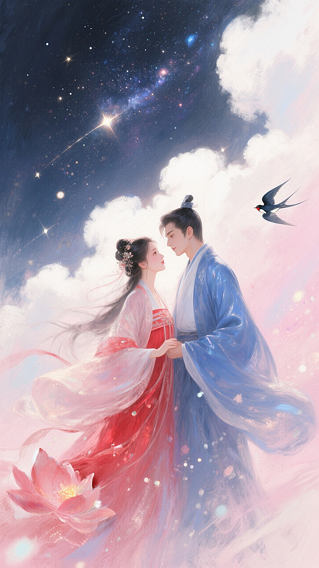 中国古代传统风格，古风情侣身着飘逸古装，深情对视，男子身穿蓝衣，女子身穿红衣。背景是银河，云朵，喜鹊在空中飞翔，画面整体呈现浪漫的粉色调。