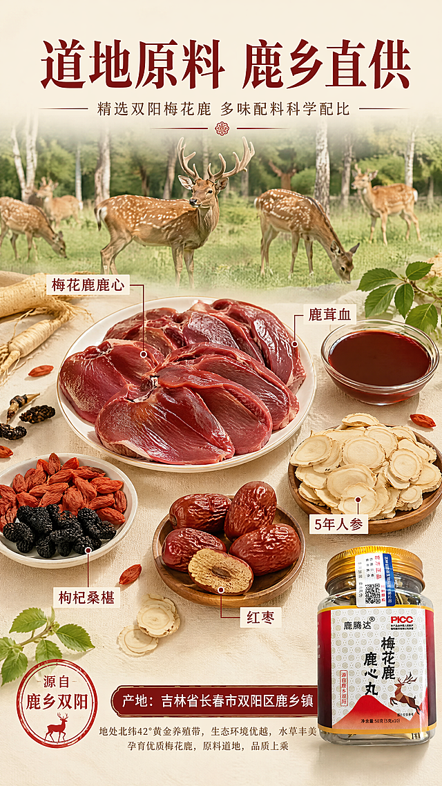 [第2张] 详情页成分产地页-梅花鹿鹿心丸原料与产地溯源展示。本张使用【图1】产品图作为右下角辅助展示，主要画面为原料与产地元素。
[氛围/风格] 中式产地溯源风，自然真实，原料微距质感，商业摄影级，体现道地药材与鹿乡品质。
[元素布局] 画面上半部分为吉林双阳鹿乡场景：梅花鹿群在林间草地的实景虚化背景，占画面约40%；中部为核心原料平铺展示：新鲜鹿心切片、鹿茸血、人参片、枸杞、红枣等原料真实摆拍，原料元素合计占画面约50%，颗粒饱满，色泽鲜亮；右下角放置产品瓶身缩略图，占比约15%；左下角有「源自鹿乡双阳」印章式标识。
[光影质感] 自然光效，柔和均匀，原料表面有自然光泽，鹿心切片纹理清晰，人参片纹路可见，整体通透有食欲感。
[配色色系] 全局底色 #F5EFE0 米杏色；主色深红 #8B0000；辅助色金色 #D4AF37、草木绿 #5B7553。
[视角构图] 俯视平铺构图，上半产地场景 + 中部原料主体 + 右下产品缩略，阅读动线从上到下。
[文字版式] 版式为顶部大标题 + 原料分区标注 + 底部产地说明。主标题「道地原料 鹿乡直供」，深红宋体加粗；副标题「精选双阳梅花鹿 多味配料科学配比」，深棕色小字；原料旁引线标注：「梅花鹿鹿心」「鹿茸血」「5年人参」「枸杞桑椹」等；底部横条：「产地：吉林省长春市双阳区鹿乡镇」。文字清晰可读。
[比例分辨率] 9:16 竖版比例，4K分辨率，文字清晰可辨，高清画质。
[负向提示词] 变形，水印，文字错乱，文字过小，产品图模糊，背景杂乱，医疗功效宣传，绝对化用语。
