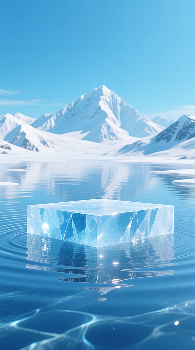 3D玻璃风立方体漂浮于静谧湖面，几何切割折射清透光感，虚拟自然与清爽雪山倒影交织，营造空灵静谧的极境美学。