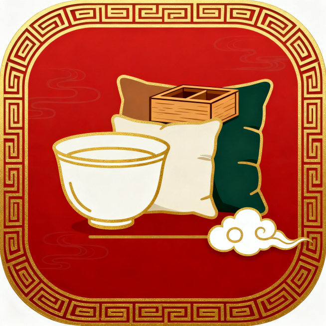 圆角正方形APP图标，新中式国风风格，底色是带有细微祥云暗纹的正红色，边缘有金色传统回纹边框，图标中心是扁平插画：金色线条勾勒陶瓷茶杯、布艺抱枕与木质收纳盒组合，主体填充低饱和暖棕、米白和墨绿，右下角预览效果
