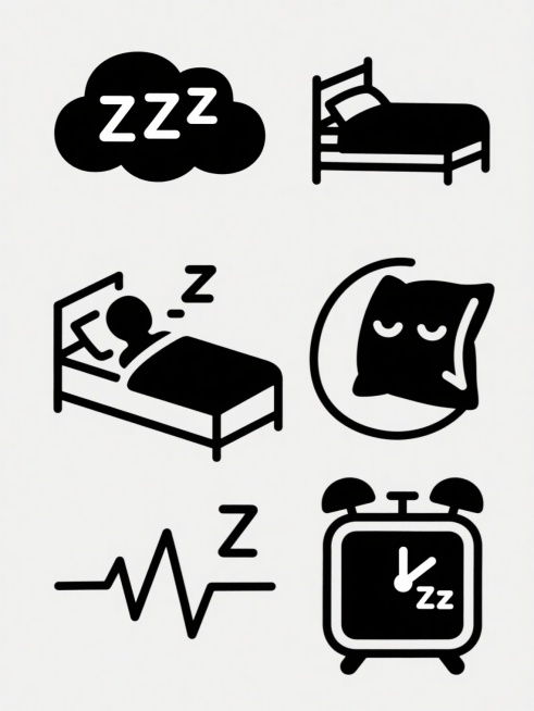 极简黑白风格睡眠主题图标集合，六个完全不同的睡眠元素规整排布在纯色背景上：1. 卡通云朵形状的睡眠符号，内部有"zzz"文字；2. 简约线条勾勒的单人床，床垫和枕头层次分明；3. 侧面躺着的人形剪影，头部有向上飘的"z"字；4. 圆形枕头图标，上面有闭合的眼睛图案；5. 波浪线组成的睡眠呼吸节奏图形；6. 方形闹钟图标，指针指向睡眠时间且屏幕显示"zzz"。所有元素保持统一的粗线条手绘风格，黑……预览效果