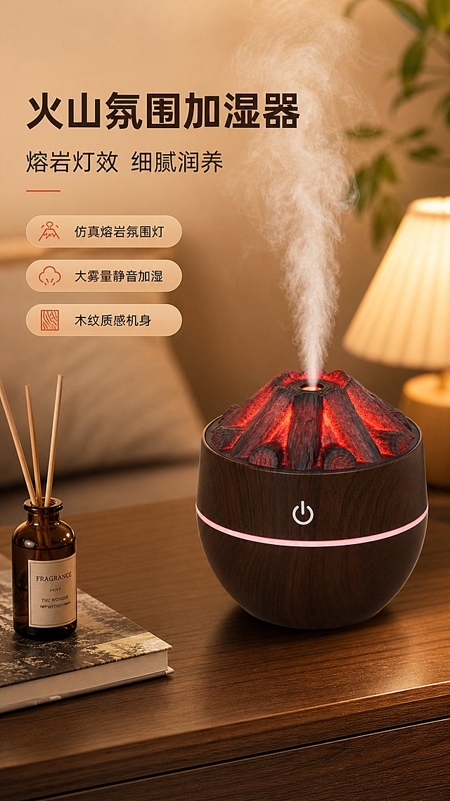[商品] 使用【图1】【图5】火山造型木纹加湿器；保留深棕色木纹球形机身、中部粉色环形灯带、顶部火山熔岩造型、白色电源触控键、整体比例与结构；修复产品边缘，增强木纹质感与熔岩红光通透感，出雾效果自然真实。
[画面] 头图海报，产品置于温馨卧室木质床头柜上，背景虚化暖光床头灯与绿植，产品占画面60%，顶部火山口喷出细腻白雾，熔岩红光柔和亮起，营造治愈氛围感；左上方留白放文案区，前景有香薰瓶与书本点缀，阅读动线从左上到右下。
[视觉] 套系策略：风格=温馨治愈家居商业摄影；标题字=粗黑体；正文字=常规黑体；主色=深棕木纹色；背景延展=基于深棕做暖棕渐变、木质纹理与暖光氛围延展；强调色=熔岩暖红色，仅用于小面积图标、引线和标签；标题色=深棕色；正文色=暖灰色；组件=圆角浅棕信息卡、细线引线；光影=右前侧暖柔光，熔岩处有自发光效果。
[文字] 左上主标题"火山氛围加湿器"，副标题"熔岩灯效 细腻润养"，下方3个短卖点：仿真熔岩氛围灯 / 大雾量静音加湿 / 木纹质感机身；文字横排，不遮挡产品主体与出雾口。
[规格] 图片比例9:16竖版，resolution=2K，避免变形、错字、文字过小、冷蓝背景、产品颜色改变、结构失真、绝对化用语。