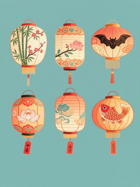 一套6个中国风灯笼的素材集合，每个灯笼都有独特的国风造型和配色，采用手绘风格，线条流畅细腻，色彩鲜艳明快，灯笼上有精美的传统花纹图案，如竹子、梅花、莲花、祥云、蝙蝠、锦鲤，每个灯笼下方都挂着一个写有吉祥文字的红色标签，整体画面在纯色背景上呈规整的2x3网格排布，保持一致的光影效果和体积感，营造出喜庆祥和的节日氛围。预览效果