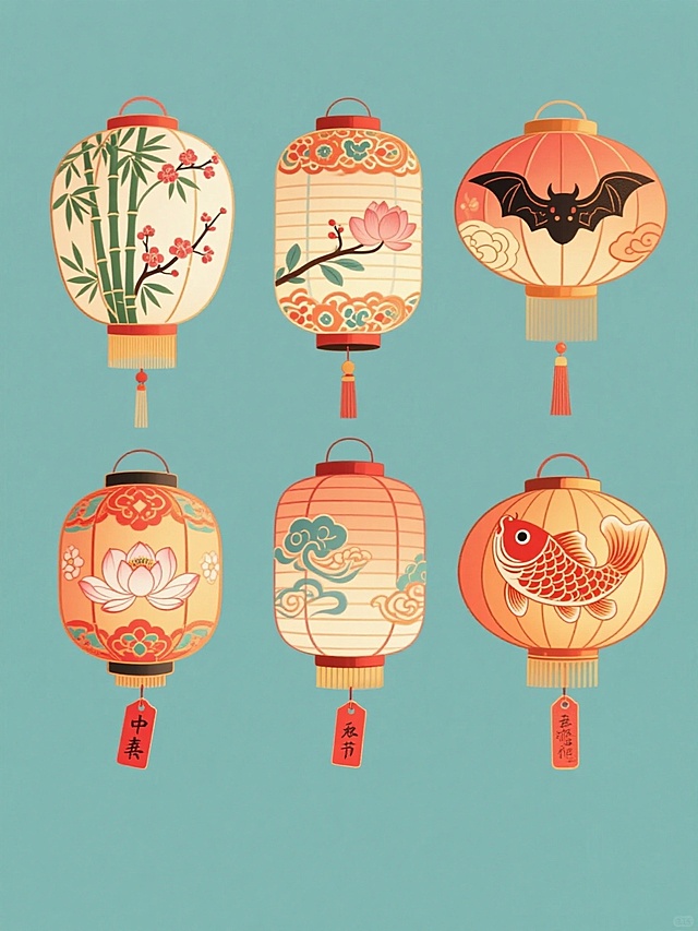 一套6个中国风灯笼的素材集合，每个灯笼都有独特的国风造型和配色，采用手绘风格，线条流畅细腻，色彩鲜艳明快，灯笼上有精美的传统花纹图案，如竹子、梅花、莲花、祥云、蝙蝠、锦鲤，每个灯笼下方都挂着一个写有吉祥文字的红色标签，整体画面在纯色背景上呈规整的2x3网格排布，保持一致的光影效果和体积感，营造出喜庆祥和的节日氛围。