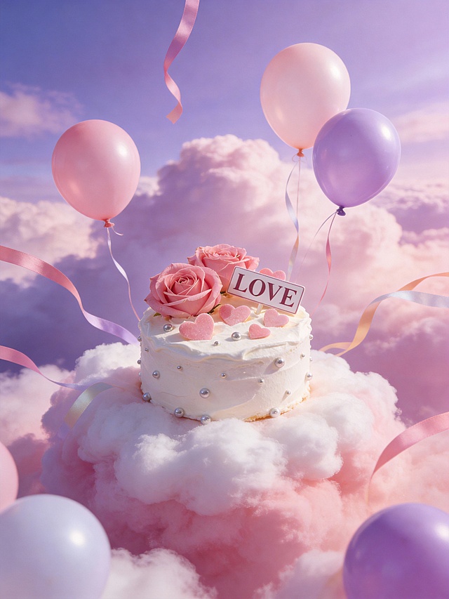 超现实梦幻商业摄影风格，粉色调梦幻画面，画面以清新柔和的浅粉与粉紫为主色调，采用平视略仰视的视角，主体居中放置在蓬松的粉白渐变云朵之上，占据画面核心视觉区域，呈自然摆放角度。周围点缀着多个淡粉淡紫色气球与飘逸的彩色丝带，气球分布在画面四周，丝带呈不规则动态飘散状，背景是层次丰富的粉紫色天空云朵，营造出轻盈浪漫的悬浮感，整体画面通透明亮，光影柔和，产品与梦幻的粉紫色云端场景融为一体，充满治愈氛围。