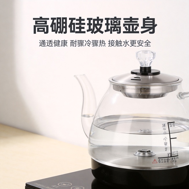 [主图-3] 全自动底部上水烧水壶材质细节展示。家居治愈风，温馨明亮场景。[氛围风格] 突出材质质感的专业产品展示氛围。[画质] 商业摄影质感，光线柔和通透，产品清晰真实，画面干净高级。[元素] 保持预览效果