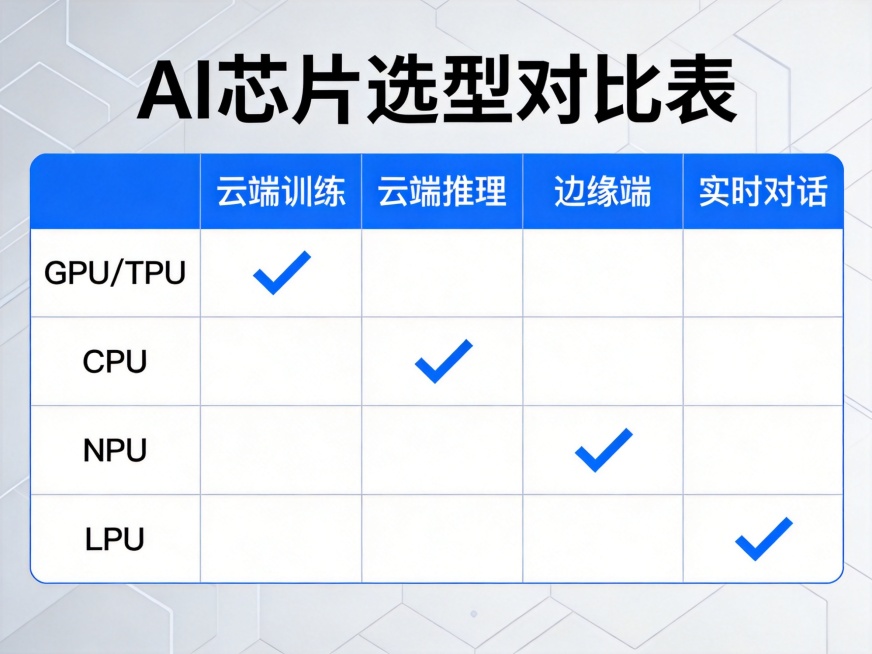 科技风AI芯片选型对比表，横向列出应用场景：云端训练、云端推理、边缘端、实时对话，纵向列出推荐芯片：GPU/TPU、CPU、NPU、LPU，用对勾标注每个场景的最佳芯片选择，整体现代科技风格预览效果