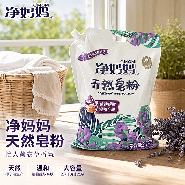 [主图-1] 净妈妈天然皂粉家庭装首图场景展示
[氛围风格] 清新自然洁净生活风格，明亮通透真实家庭阳台场景
[画质] 商业摄影质感，光线柔和通透，产品清晰真实，画面干净高级
[元素] 净妈妈2.7千克天然皂粉包装袋居中摆放，放置在洒满阳光的整洁阳台木质台面上，旁边点缀几株薰衣草干花和干净洗衣篮，保持产品外观（物理结构、材质质感、颜色）与输入产品图绝对一致，杜绝任何变形和色差，精细化处理。商品主体占比严格控制在65%左右，画面满屏无边框。左上角提取产品原品牌"净妈妈"Logo，保持原字形、配色和比例，不遮挡产品主体
[光影] 上午自然光从侧面洒入，柔和明亮，空气通透感，高光清晰不溢出，暗部有层次，整体通透不发灰
[配色] 主色调浅米白，搭配产品本身的紫色和绿色点缀，清新干净
[视角构图] 平视视角，产品为视觉中心，前景后景层次分明，景深适中，产品轮廓完整不裁切
[文字版式] 左下负空间左对齐留安全边距，大字主文案"净妈妈 天然皂粉"，深紫色最大号粗体无衬线；辅助文案"怡人薰衣草香氛"，约半高同色略浅；底部三列分布核心卖点：列一「天然」「椰子油生产」，列二「温和」「植物提取亲肤」，列三「大容量」「2.7千克家庭装」，短句加粗说明缩小，紫色文字在浅背景对比清晰
[比例分辨率] 1:1比例，4K分辨率，文字清晰锐利，超高清
[负向提示词] 变形，水印，文字错乱，产品图模糊，背景杂乱，文字遮挡主体