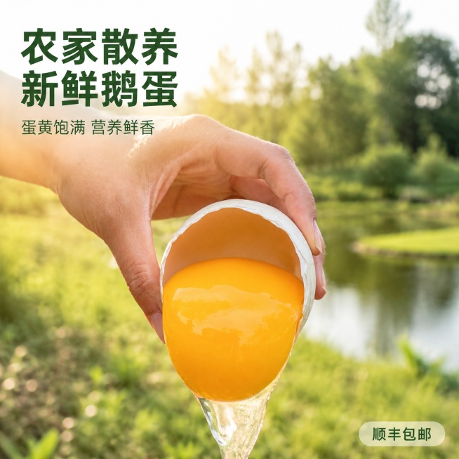 [主图-1] 农家散养新鲜鹅蛋首图，展示饱满蛋黄诱人状态，突出新鲜品质
[氛围风格] 原生态户外自然风，清新接地气的真实产地氛围
[画质] 商业摄影质感，光线柔和通透，产品清晰真实，画面干净高级，保持预览效果