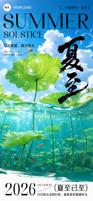 夏至节气祝福清新水墨风通用全屏竖版海报预览效果