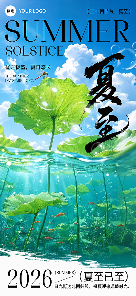 夏至节气祝福清新水墨风通用全屏竖版海报