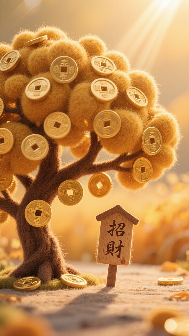 3D微缩艺术风，毛发生长质感的招财树，鎏金古币点缀，木雕风格小屋立于暖阳下，中式喜庆氛围浓郁，梦幻温馨。