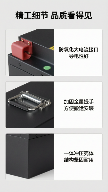[第7屏] 磷酸铁锂锂电池细节材质展示，微距特写产品关键结构。
[氛围/风格] 工业细节特写，清晰展示工艺品质，专业质感突出。
[元素布局] 页面顶部主标题，下方分为三个细节特写区域，从上到下依次展示预览效果
