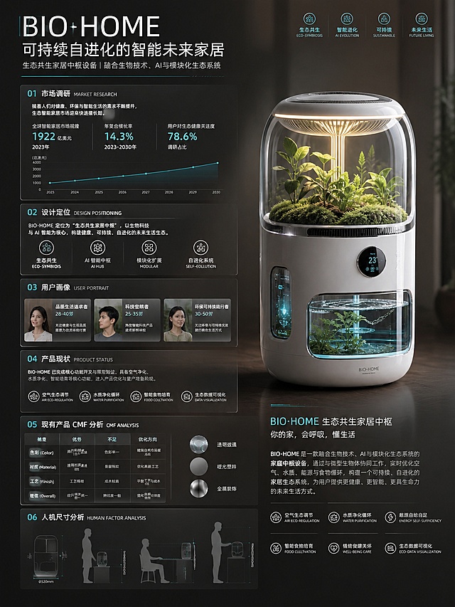 A3竖向展板设计，产品为BIO·HOME生态共生家居中枢设备，一款融合生物技术、AI与模块化生态系统的家庭中枢设备。版面分为六大清晰区域，依次展示："市场调研"、"设计定位"、"用户画像"、"产品现状"、"现有产品CMF分析"、"人机尺寸分析"，所有文字清晰可读。主标题是"BIO·HOME"，副标题是"可持续自进化的智能未来家居"。整体风格是现代科技简约风，产品实物图位于展板右侧，保留原图产品外形、结构、LOGO和配色不改变，左侧为文字内容区域，配色为简约高级灰调搭配科技浅青色点缀，画面清晰，排版精美，4K高清，字体清晰。